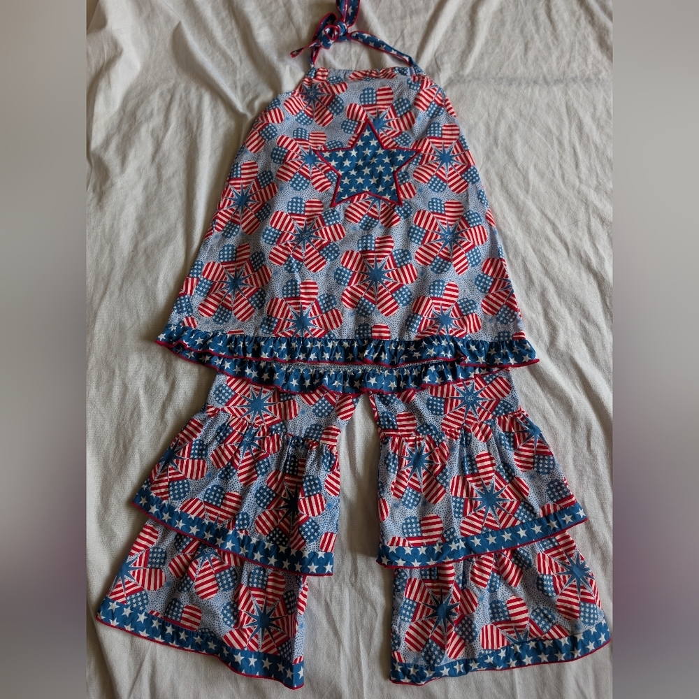 Ann Loren 4th Of July American Flag Outfit Ruffle Pants And Halter Top Sz 7/8